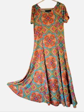 Nina Leonard Medallion Print Maxi Dress Size Medium Orange Lime Blue Pink
